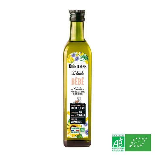 Huile Bébé BIO, couvre les besoins en Oméga 3, 6 & 9, en Vita mine E et DHA - 4 à 36 mois - L'ÉPICERIE DE BÉBÉ